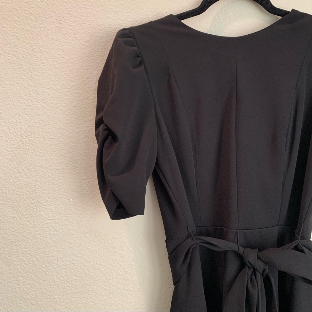 Dkny Black Midi Dress with Tie-Waist and Puff Sleeves